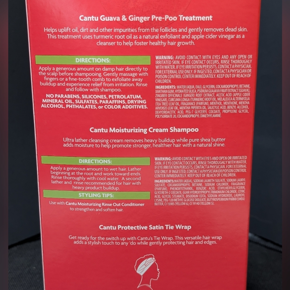NIB Cantu Cleanse & Treat Guava & Ginger Pre-Poo/Shampoo/Satin Tie Wrap Hair Set - Picture 2 of 2